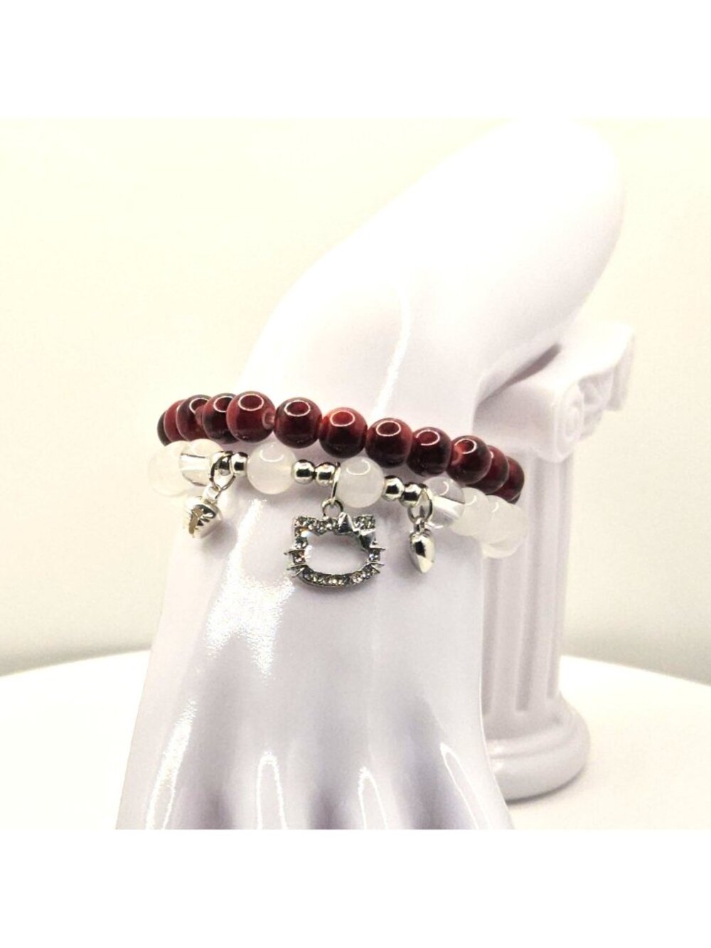 Cat Bracelet Gift for Her, Red Beaded Bracelet Stack, Kitty Charm Bracelet, Cute